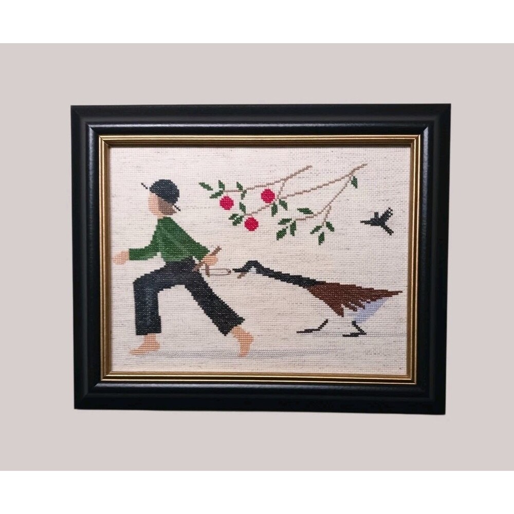 Vtg Diane Graebner Completed Cross Stitch Framed Goose Chase Amish Cottagecore